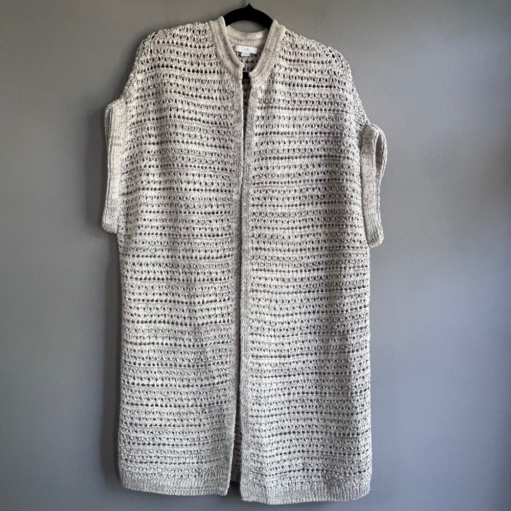 J.Jill Women Cream Grey Marled Open Knit Longline Crochet Vest Small RN 97641